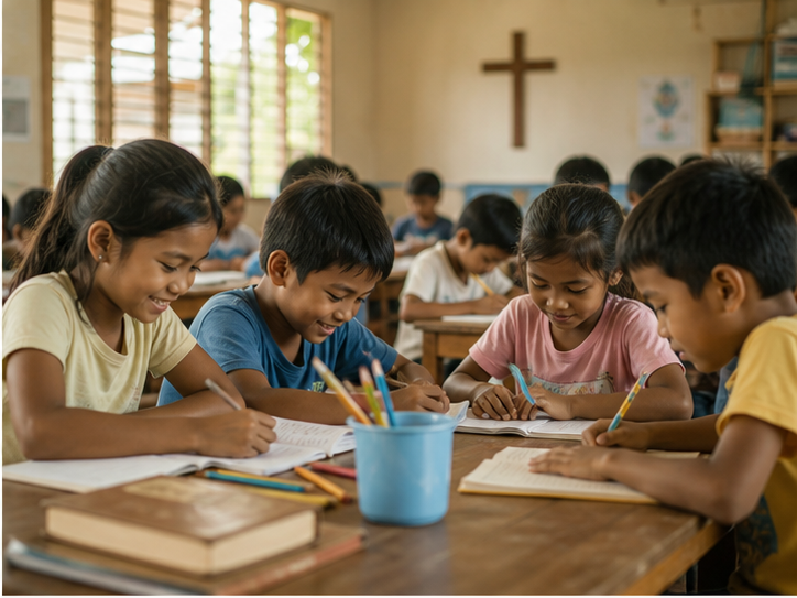 Children participating in an Ezra mission school lesson